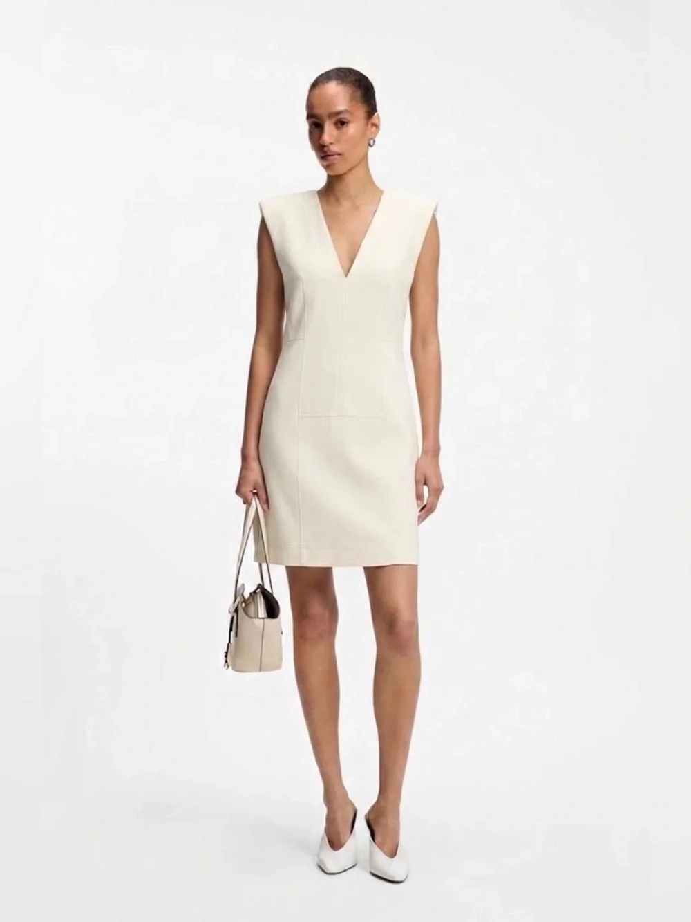 Vintage 2000s Hugo Boss Karna Deep V-Neck Sheath Dress US 8 Beige Officecore Y2K